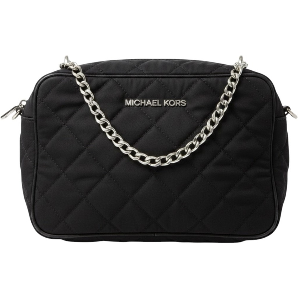 Michael Kors Black Quilted Nylon Crossbody Bag‎ Gold Chain Strap Camera Bag